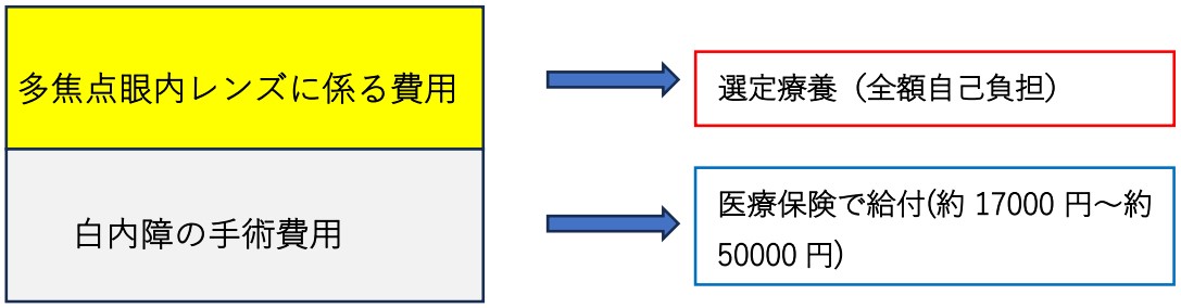 多焦点眼内レンズに関わる費用、選定療養（全額自己負担）。白内障の手術費用、医療保険で給付（約17,000～50,000円）